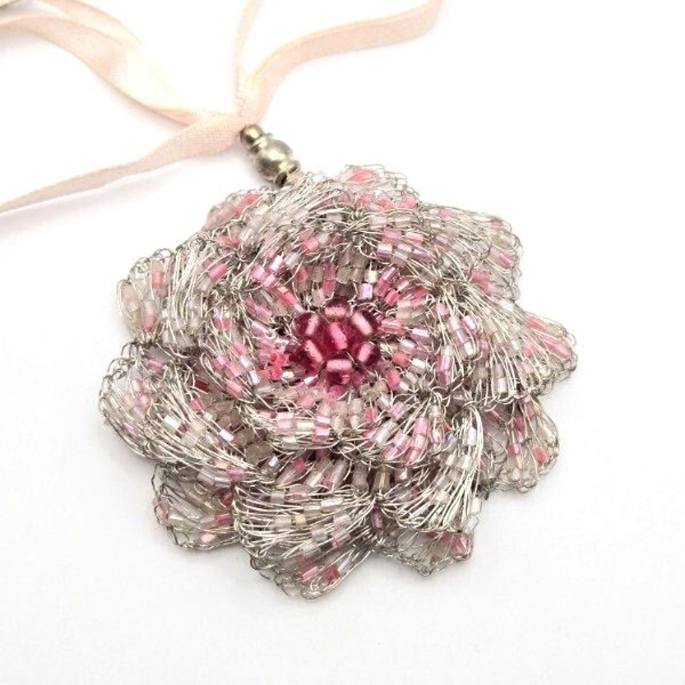 Handmade Crocheted Silvertone Wire Pink Bead Flower Pendant Pink Ribbon Necklace